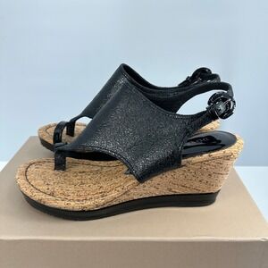Donald Pliner Mandy Wedge Sandal‎ 8M Pebbled Metallic Black Coastal Resort Boho
